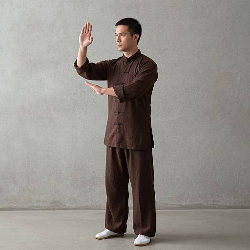 Photograph of an Asian man in black traditional Chinese martial arts outfit, standing on gray concrete floor, raising right hand in a defensive gesture.
