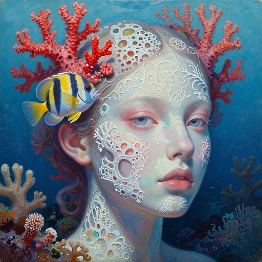 Digital painting of a pale-skinned woman with underwater coral patterns on her face, red coral headpiece, and a yellow and black fish on her ear