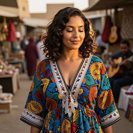 Photograph of a dark-haired woman with curly hair, wearing a colorful, floral-patterned, V-neck dress, standing in a bustling outdoor market.