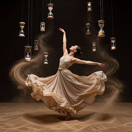 Photograph of a graceful ballerina in a flowing beige dress, mid-leap, surrounded by swirling sand, illuminated by hanging lanterns against a