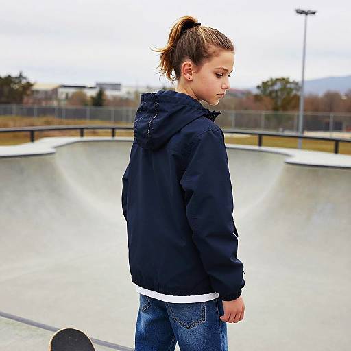 Photograph of a young girl with light brown ponytail, wearing a black hooded jacket and blue jeans, standing in an empty skatepark.