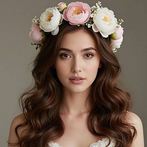 Photograph of a young woman with long, wavy brown hair, wearing a floral crown with pink and white flowers, against a gray background. She