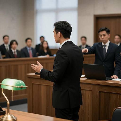 Intense Courtroom Scene with Lawyer and Jury