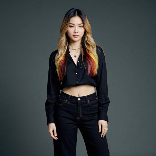 Young Woman in Black Shirt and Wide Leg Trousers