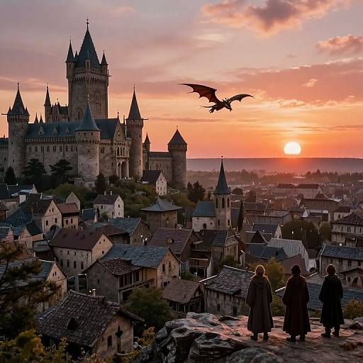 Digital painting of a sunset over a medieval village with a gothic castle, three silhouetted figures, and a bat flying overhead.