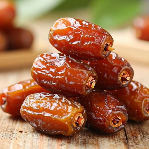 Pile of glossy amber dates on wood