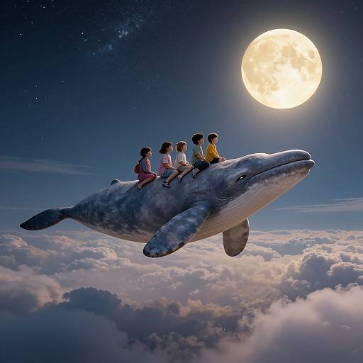 Digital illustration: Six children sit on a flying whale above a sea of clouds, under a bright full moon in a starry night sky.