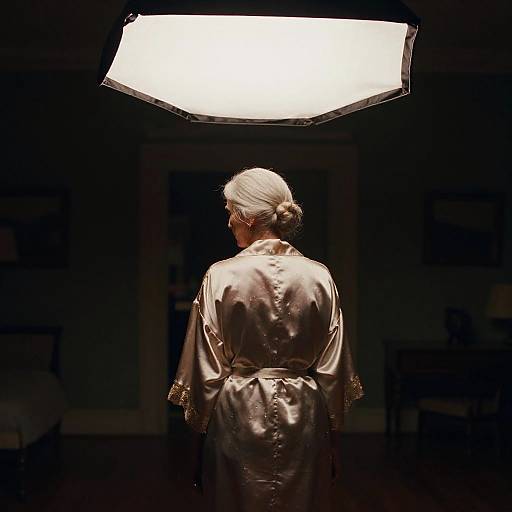 Silver-Haired Woman in Vintage Satin Robe