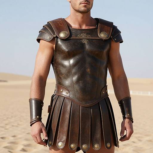 Photograph of a muscular man in a brown leather Roman-style gladiator armor, standing in a sandy desert under bright sunlight.