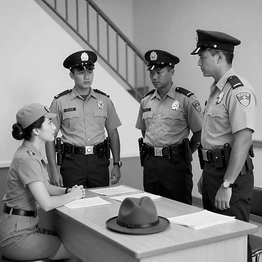 Vintage Black-and-White Police Station Scene