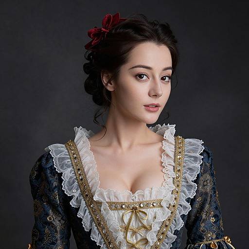 Photograph of a fair-skinned woman with dark hair in a red bow, wearing an ornate, Victorian-style lace gown with gold trim, against