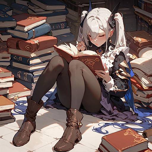 Twintailed Frieren Reading in a Library