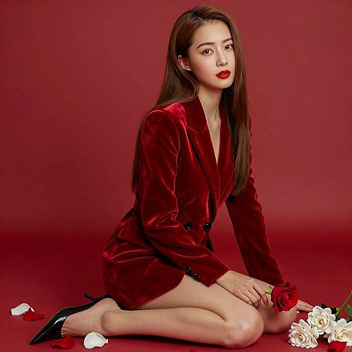 Elegant Woman in Red Velvet and Roses