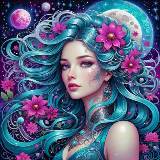 Fantasy Woman with Blue Hair and Purple Flowers