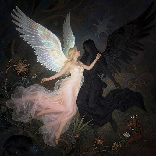 Digital artwork of a glowing white-winged angel in a flowing dress, reaching towards a dark, winged figure against a dark, mystical forest background.