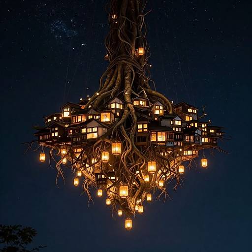 Photograph of a treehouse-like structure suspended by thick, gnarled tree roots, illuminated by glowing lanterns, against a starry night sky
