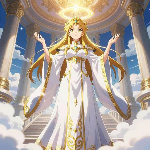 Anime-style digital artwork of a blonde, angelic woman in a white, gold-trimmed gown with outstretched arms, halo above her head