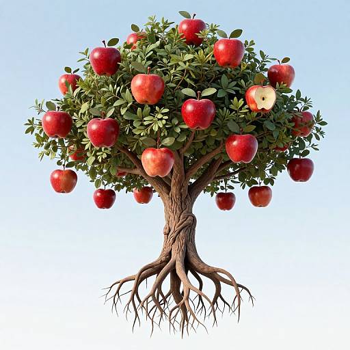 Photorealistic digital illustration of a floating apple tree with vibrant red apples, green leaves, and visible roots against a clear blue sky.