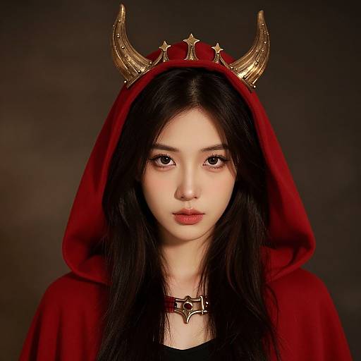 Photograph of an East Asian woman with long black hair, wearing a red hooded cloak with gold horned crown, and black top, against a