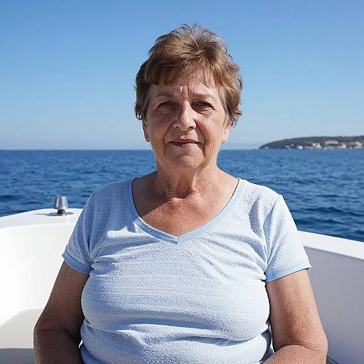 Photograph of a middle-aged woman with short brown hair, wearing a light blue V-neck shirt, sitting on a boat against a clear blue sea and