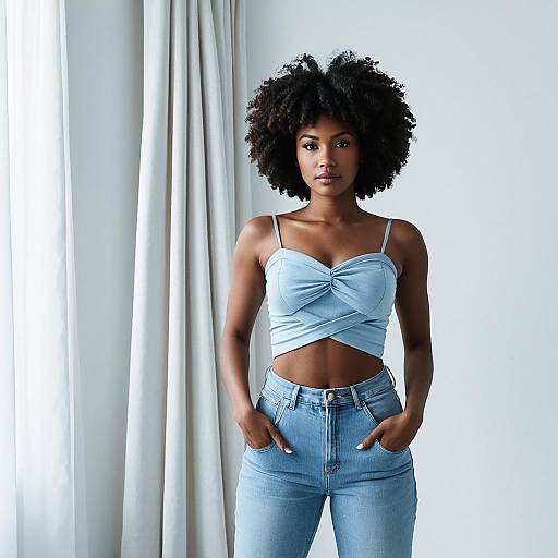 Fashionable Woman in Sky Blue Tube Top and Jeans