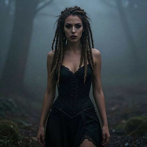 Photograph of a mysterious, dark-haired woman with dreadlocks in a black lace dress, standing in a misty, eerie forest.