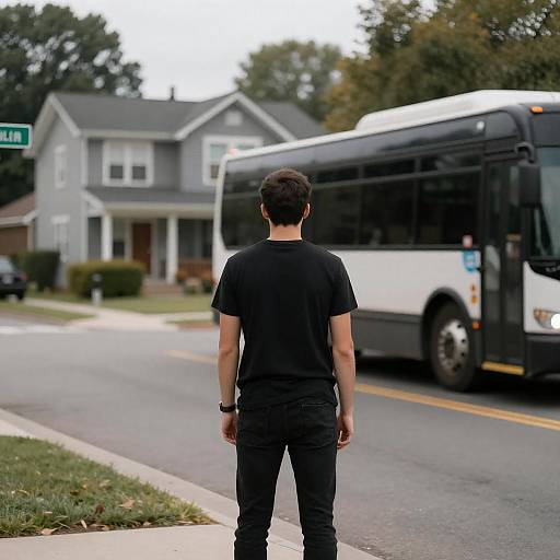 Man in Suburban Street with Blurred Bus