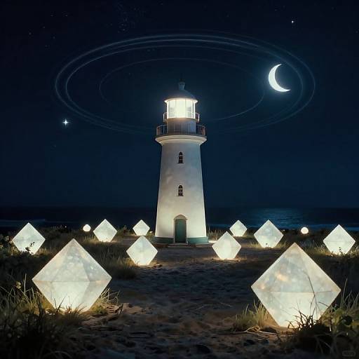 Photograph of a glowing white lighthouse under a dark night sky with a crescent moon, surrounded by illuminated crystal-like lanterns on a sandy beach