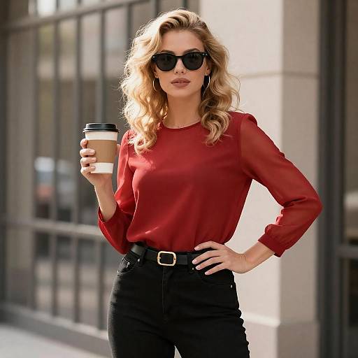 Confident Blonde Woman in Sheer Blouse