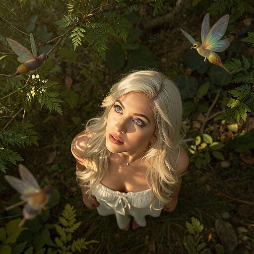 Photograph of a blonde woman with blue eyes, wearing a white off-shoulder top, looking up at colorful fairy-like butterflies in a sunlit