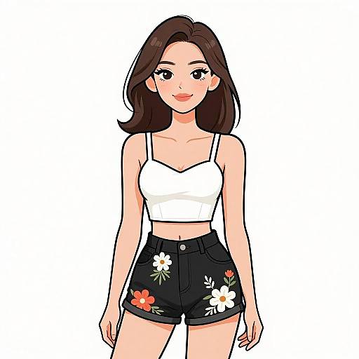 Digital illustration of a smiling young woman with shoulder-length brown hair, wearing a white crop top and black floral shorts, standing against a white background.