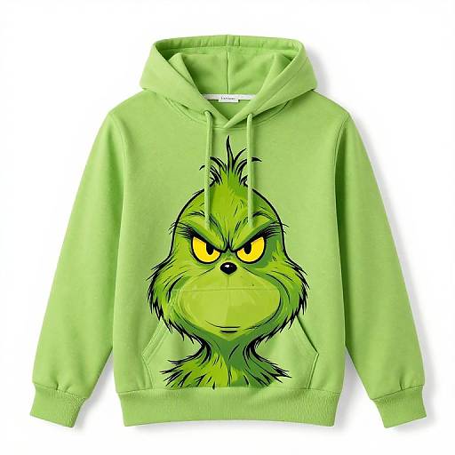 Bright green hoodie featuring a vivid, cartoon-style green monster with yellow eyes and a scowl, displayed against a white background.