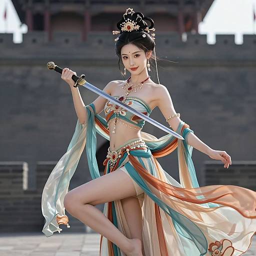 Digital artwork of an Asian woman in traditional warrior attire, holding a sword, wearing an ornate headpiece, flowing green and orange dress, standing on