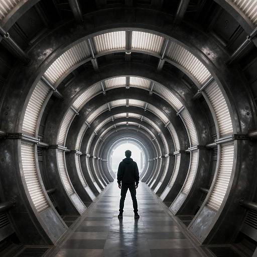 Futuristic Metallic Corridor with Lone Figure