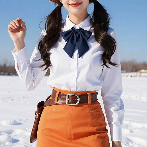 Photograph of a woman in a white shirt, navy bowtie, orange high-waisted skirt, brown belt, and brown hat, standing in