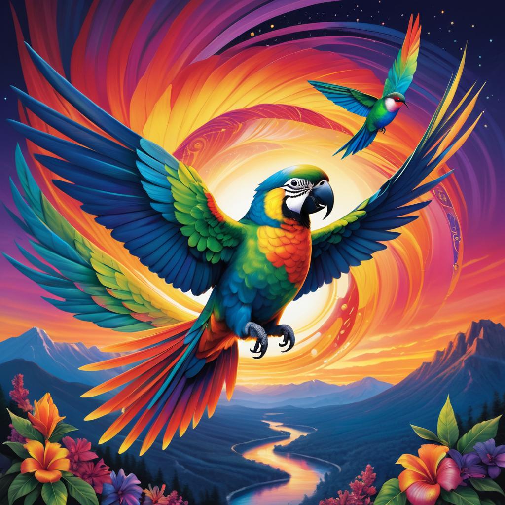 Vibrant Twilight Fusion: Parrot and Hummingbird