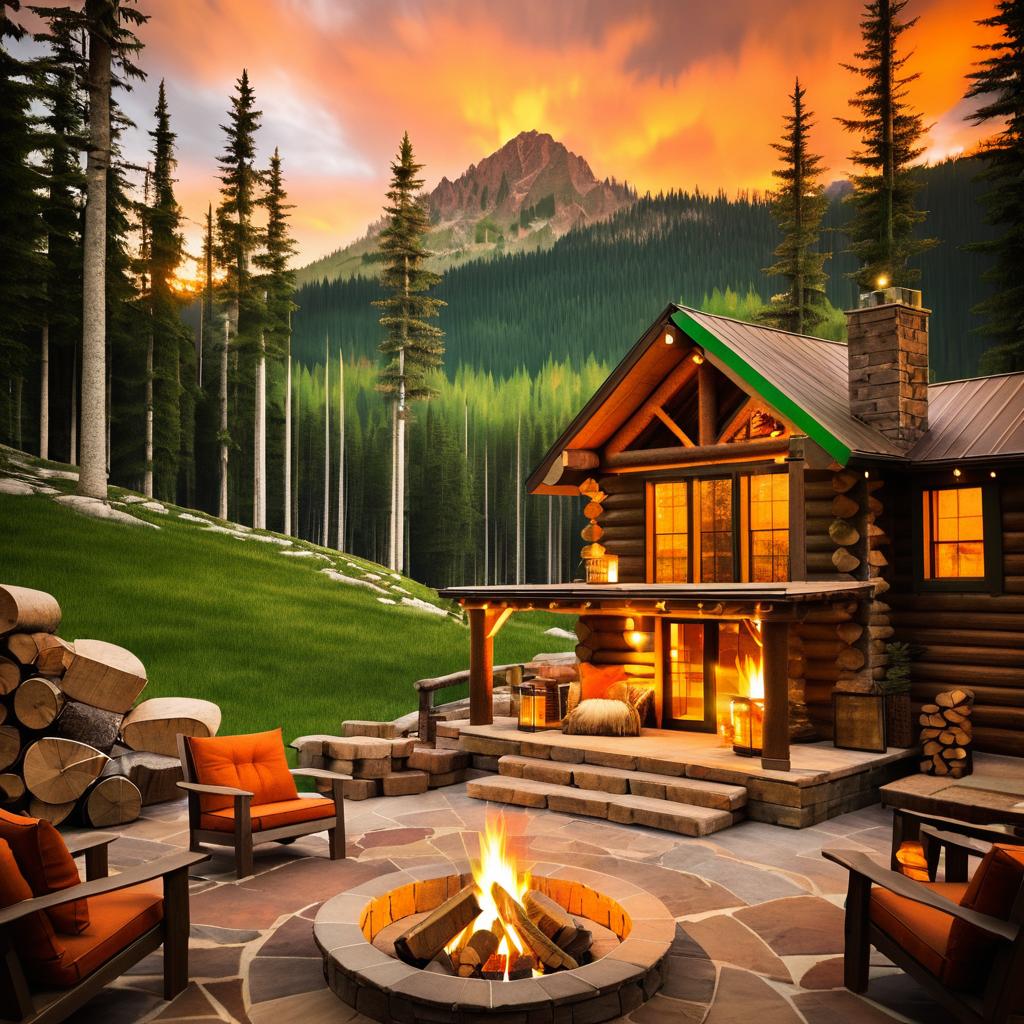 Vibrant Rustic Mountain Cabin Scene