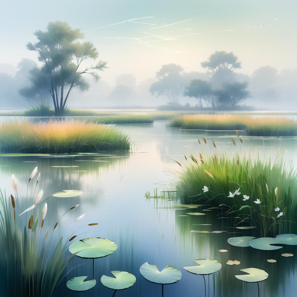 Serene Foggy Marsh with Wildlife Illustration