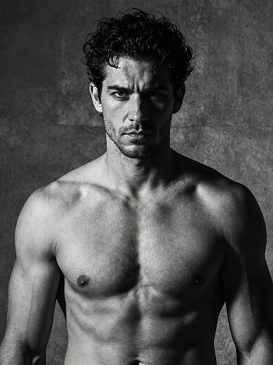 Black-and-white photograph of a muscular, shirtless man with curly hair, defined abs, and intense gaze, standing against a textured gray background.