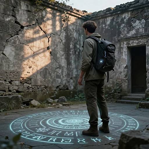Photograph of a man with a backpack, standing in a crumbling, ancient stone courtyard, illuminated by a glowing, circular, neon blue magical sigil