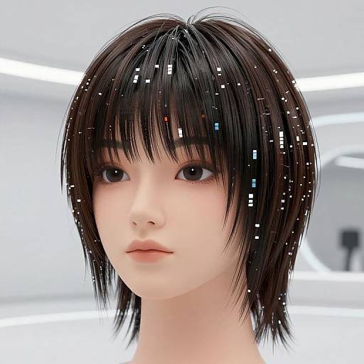 Digital CGI portrait of an East Asian woman with straight, black, pixelated hair, pale skin, and large brown eyes, set against a bright,