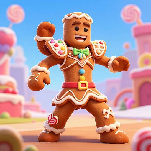 CGI 3D illustration of a cheerful, gingerbread man with a bowtie, colorful buttons, and frosting details, standing in a vibrant,