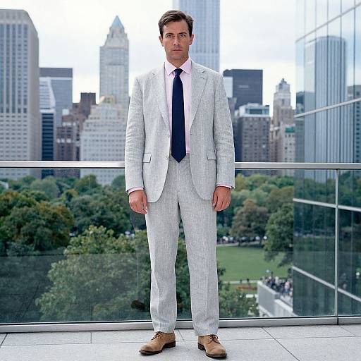 Photograph of a handsome man in a light gray suit, white shirt, navy tie, and brown shoes, standing on a glass balcony overlooking a city