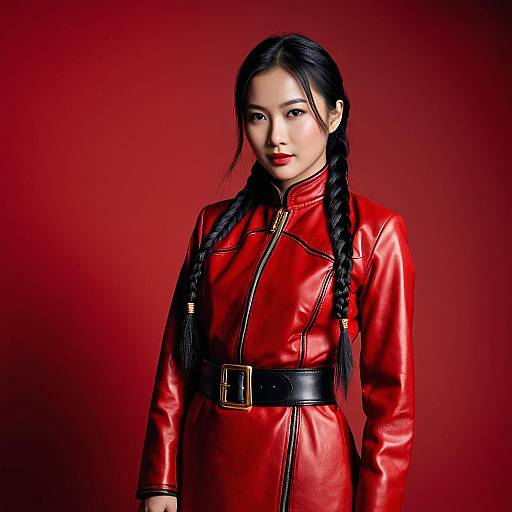 Asian Woman in Red Leather Dress with Braids