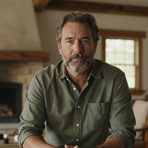 Photograph of a middle-aged man with gray hair and beard, wearing a green button-up shirt, sitting indoors in a rustic room.