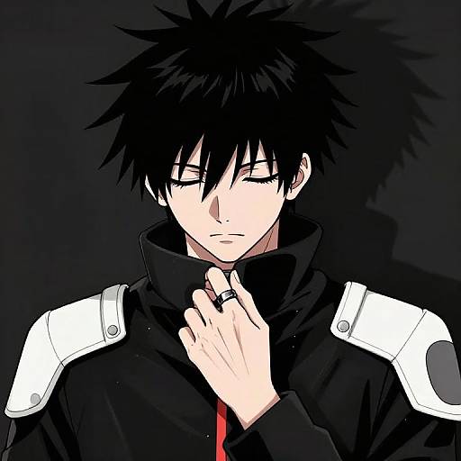 Digital anime-style portrait of a black-haired, pale-skinned young man with closed eyes, wearing a black high-collared jacket with white shoulder pads