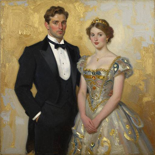 Painting of a Victorian-era couple: handsome man in black tuxedo, fair-skinned woman in shimmering gold and silver dress, both standing