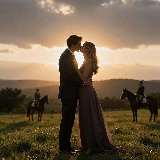 Romantic Couple Kissing at Sunset with Equestrian Riders