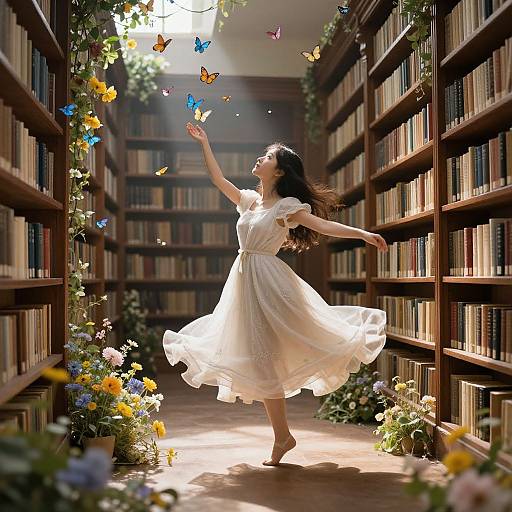 Photograph of a woman in a white, flowing dress, joyfully dancing in a sunlit library aisle, surrounded by fluttering butterflies and colorful flowers
