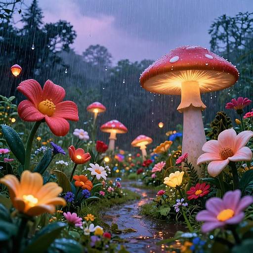 Photograph of a magical, rain-soaked garden with glowing red-and-white mushrooms, vibrant flowers, and a winding path, illuminated by soft, eth